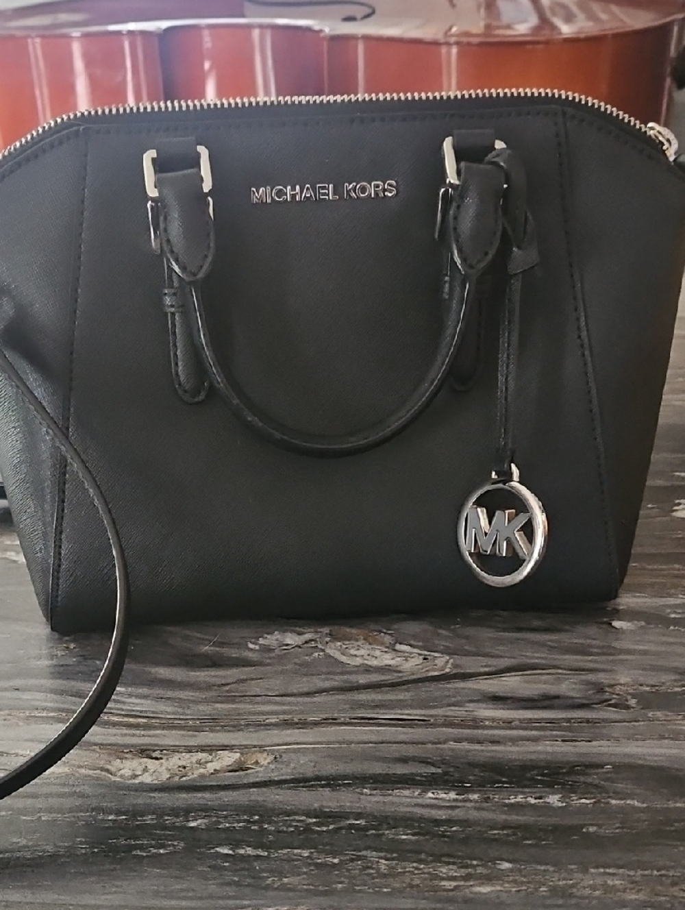 Michael Kors Black Leather Satchel with MK Charm